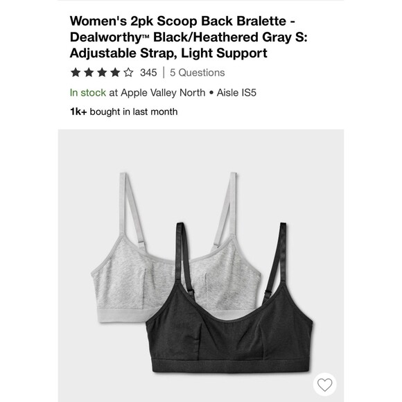 Women's 2pk Cotton Blend Scoop Back Bralette Black/Heathered Gray Size Small - Picture 1 of 8